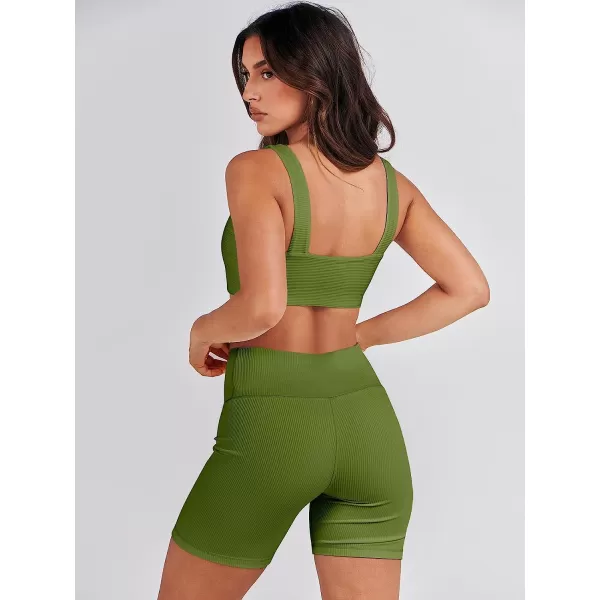 imageANRABESS Womens 2 Pieces Outfit Bodysuit Set Workout Sleeveless Crop Top Bodycon Yoga Leggings Gym Clothes Set TracksuitArmy Green