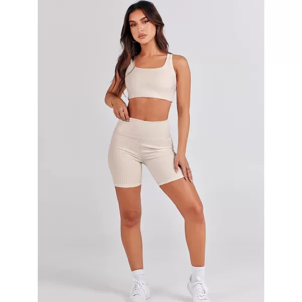 imageANRABESS Womens 2 Pieces Outfit Bodysuit Set Workout Sleeveless Crop Top Bodycon Yoga Leggings Gym Clothes Set TracksuitBeige