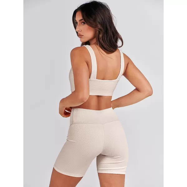imageANRABESS Womens 2 Pieces Outfit Bodysuit Set Workout Sleeveless Crop Top Bodycon Yoga Leggings Gym Clothes Set TracksuitBeige