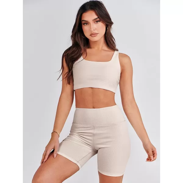 imageANRABESS Womens 2 Pieces Outfit Bodysuit Set Workout Sleeveless Crop Top Bodycon Yoga Leggings Gym Clothes Set TracksuitBeige