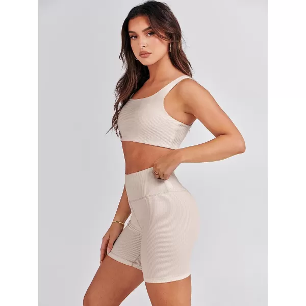 imageANRABESS Womens 2 Pieces Outfit Bodysuit Set Workout Sleeveless Crop Top Bodycon Yoga Leggings Gym Clothes Set TracksuitBeige