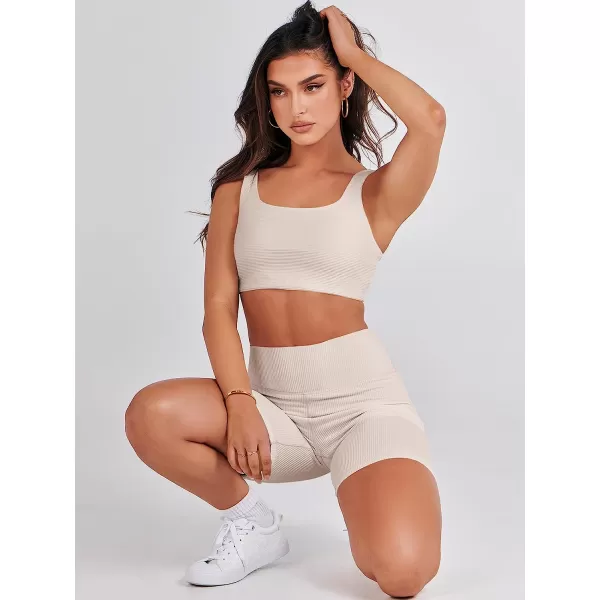imageANRABESS Womens 2 Pieces Outfit Bodysuit Set Workout Sleeveless Crop Top Bodycon Yoga Leggings Gym Clothes Set TracksuitBeige