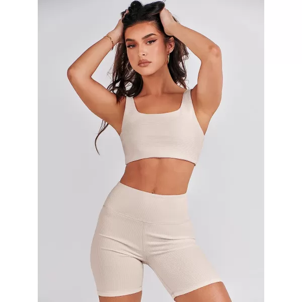 imageANRABESS Womens 2 Pieces Outfit Bodysuit Set Workout Sleeveless Crop Top Bodycon Yoga Leggings Gym Clothes Set TracksuitBeige