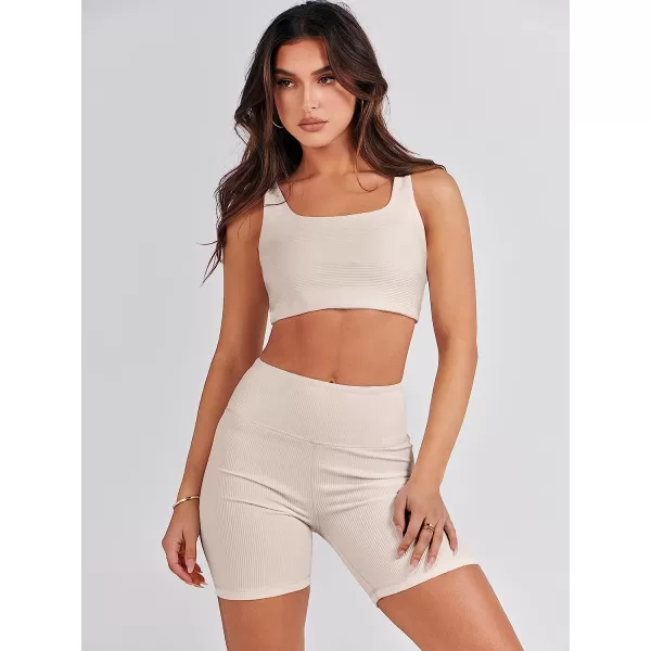 imageANRABESS Womens 2 Pieces Outfit Bodysuit Set Workout Sleeveless Crop Top Bodycon Yoga Leggings Gym Clothes Set TracksuitBeige