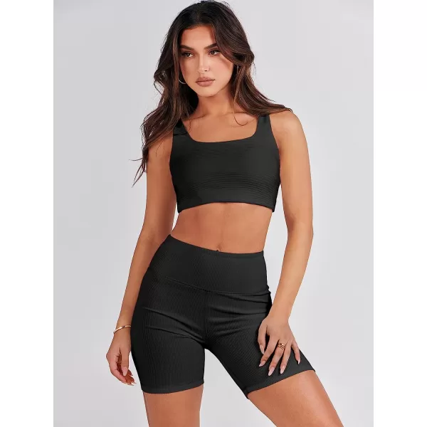 imageANRABESS Womens 2 Pieces Outfit Bodysuit Set Workout Sleeveless Crop Top Bodycon Yoga Leggings Gym Clothes Set TracksuitBlack