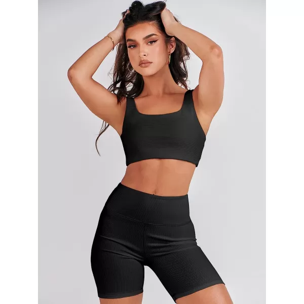 imageANRABESS Womens 2 Pieces Outfit Bodysuit Set Workout Sleeveless Crop Top Bodycon Yoga Leggings Gym Clothes Set TracksuitBlack