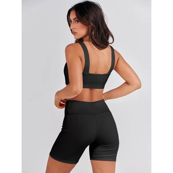 imageANRABESS Womens 2 Pieces Outfit Bodysuit Set Workout Sleeveless Crop Top Bodycon Yoga Leggings Gym Clothes Set TracksuitBlack