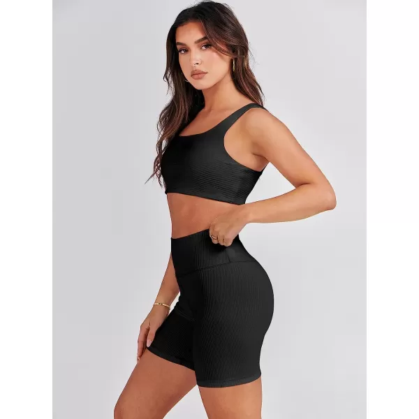 imageANRABESS Womens 2 Pieces Outfit Bodysuit Set Workout Sleeveless Crop Top Bodycon Yoga Leggings Gym Clothes Set TracksuitBlack