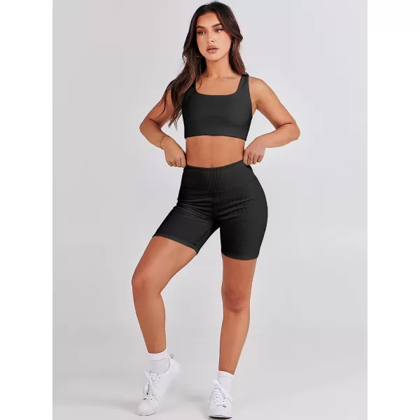 imageANRABESS Womens 2 Pieces Outfit Bodysuit Set Workout Sleeveless Crop Top Bodycon Yoga Leggings Gym Clothes Set TracksuitBlack