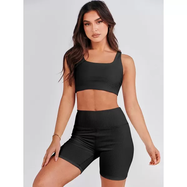 imageANRABESS Womens 2 Pieces Outfit Bodysuit Set Workout Sleeveless Crop Top Bodycon Yoga Leggings Gym Clothes Set TracksuitBlack