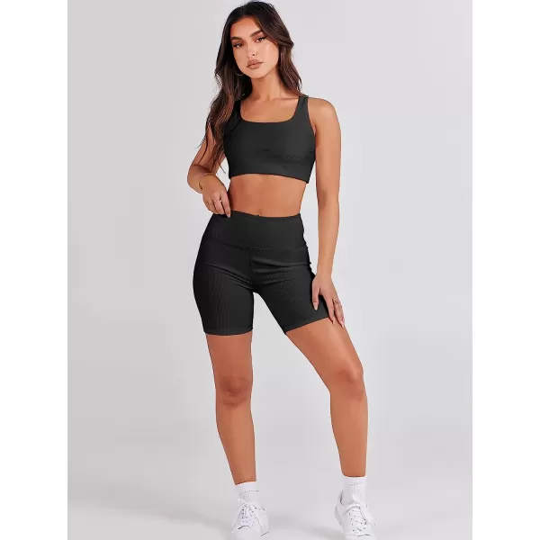 imageANRABESS Womens 2 Pieces Outfit Bodysuit Set Workout Sleeveless Crop Top Bodycon Yoga Leggings Gym Clothes Set TracksuitBlack