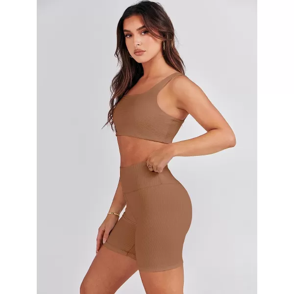 imageANRABESS Womens 2 Pieces Outfit Bodysuit Set Workout Sleeveless Crop Top Bodycon Yoga Leggings Gym Clothes Set TracksuitBrown