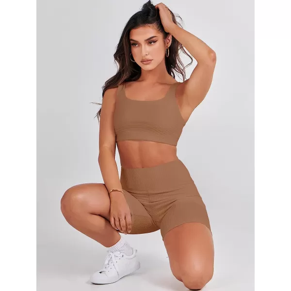 imageANRABESS Womens 2 Pieces Outfit Bodysuit Set Workout Sleeveless Crop Top Bodycon Yoga Leggings Gym Clothes Set TracksuitBrown