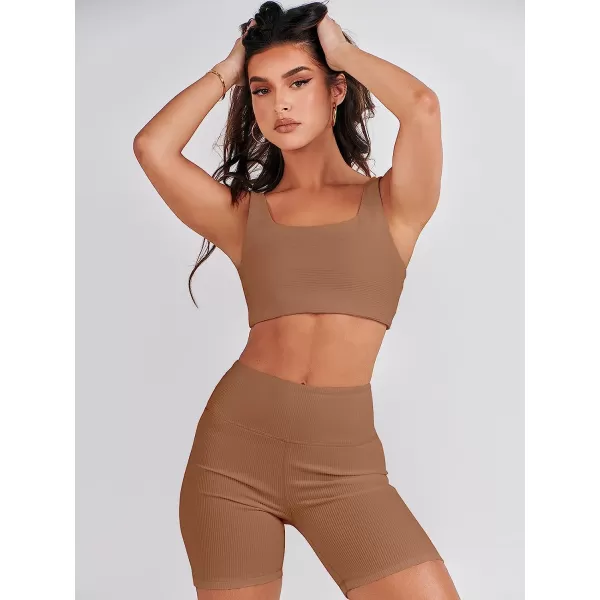 imageANRABESS Womens 2 Pieces Outfit Bodysuit Set Workout Sleeveless Crop Top Bodycon Yoga Leggings Gym Clothes Set TracksuitBrown