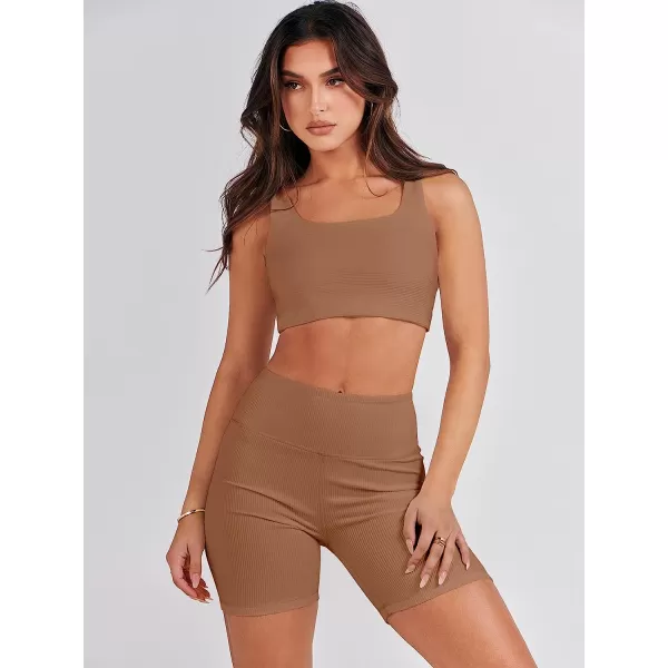 imageANRABESS Womens 2 Pieces Outfit Bodysuit Set Workout Sleeveless Crop Top Bodycon Yoga Leggings Gym Clothes Set TracksuitBrown