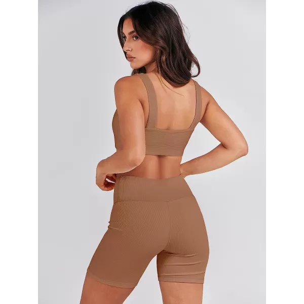 imageANRABESS Womens 2 Pieces Outfit Bodysuit Set Workout Sleeveless Crop Top Bodycon Yoga Leggings Gym Clothes Set TracksuitBrown