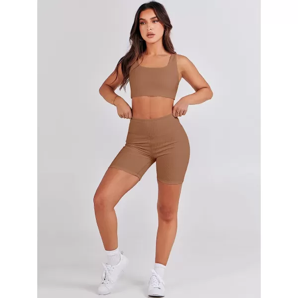 imageANRABESS Womens 2 Pieces Outfit Bodysuit Set Workout Sleeveless Crop Top Bodycon Yoga Leggings Gym Clothes Set TracksuitBrown