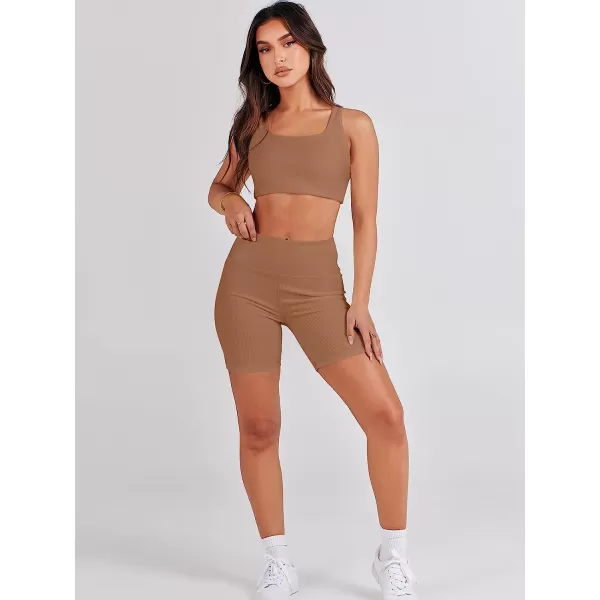 imageANRABESS Womens 2 Pieces Outfit Bodysuit Set Workout Sleeveless Crop Top Bodycon Yoga Leggings Gym Clothes Set TracksuitBrown