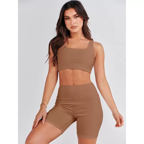 imageANRABESS Womens 2 Pieces Outfit Bodysuit Set Workout Sleeveless Crop Top Bodycon Yoga Leggings Gym Clothes Set TracksuitBrown