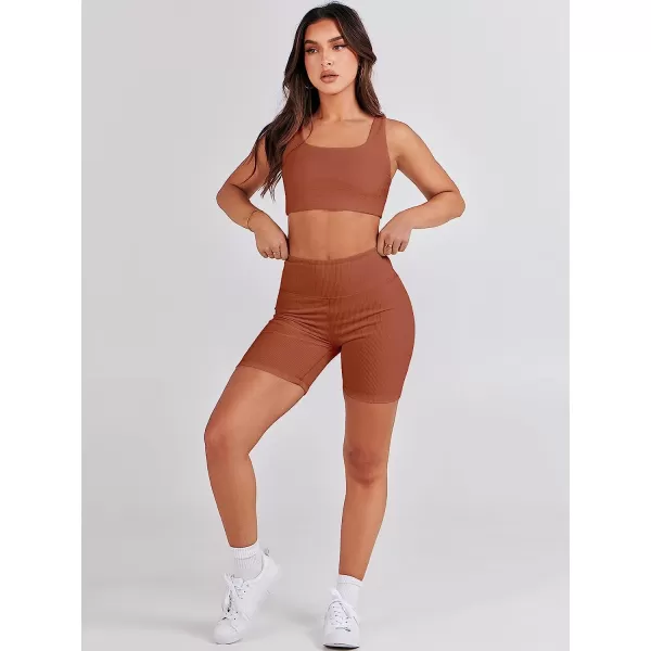 imageANRABESS Womens 2 Pieces Outfit Bodysuit Set Workout Sleeveless Crop Top Bodycon Yoga Leggings Gym Clothes Set TracksuitCaramel