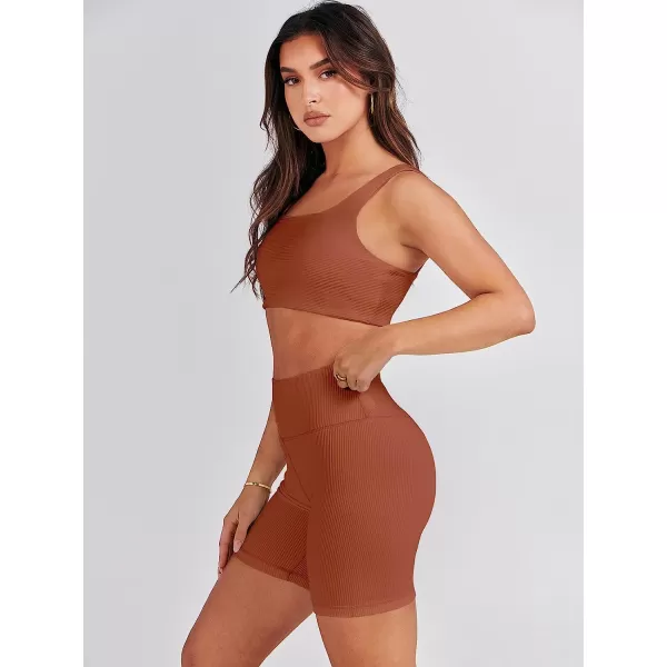 imageANRABESS Womens 2 Pieces Outfit Bodysuit Set Workout Sleeveless Crop Top Bodycon Yoga Leggings Gym Clothes Set TracksuitCaramel