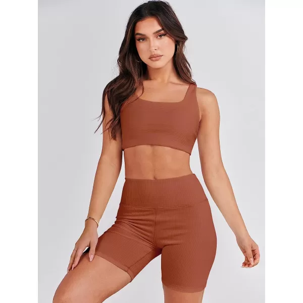 imageANRABESS Womens 2 Pieces Outfit Bodysuit Set Workout Sleeveless Crop Top Bodycon Yoga Leggings Gym Clothes Set TracksuitCaramel