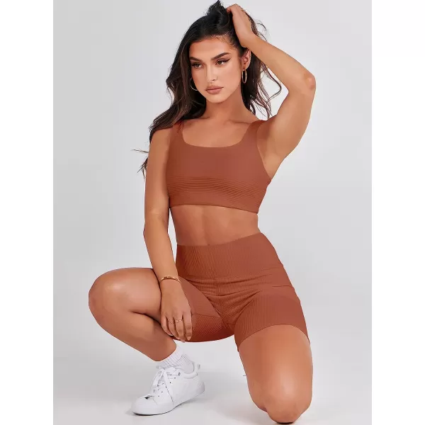 imageANRABESS Womens 2 Pieces Outfit Bodysuit Set Workout Sleeveless Crop Top Bodycon Yoga Leggings Gym Clothes Set TracksuitCaramel