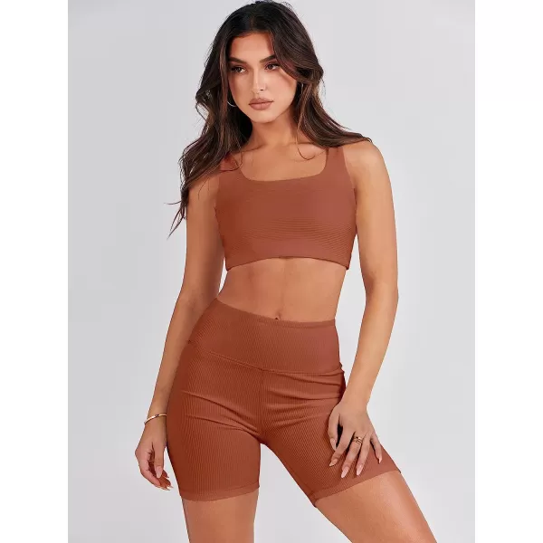imageANRABESS Womens 2 Pieces Outfit Bodysuit Set Workout Sleeveless Crop Top Bodycon Yoga Leggings Gym Clothes Set TracksuitCaramel