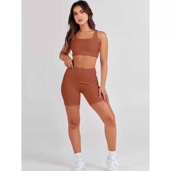 imageANRABESS Womens 2 Pieces Outfit Bodysuit Set Workout Sleeveless Crop Top Bodycon Yoga Leggings Gym Clothes Set TracksuitCaramel