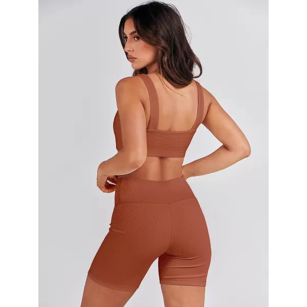 imageANRABESS Womens 2 Pieces Outfit Bodysuit Set Workout Sleeveless Crop Top Bodycon Yoga Leggings Gym Clothes Set TracksuitCaramel