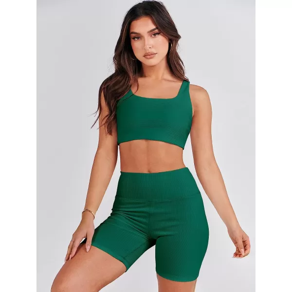 imageANRABESS Womens 2 Pieces Outfit Bodysuit Set Workout Sleeveless Crop Top Bodycon Yoga Leggings Gym Clothes Set TracksuitDeep Green
