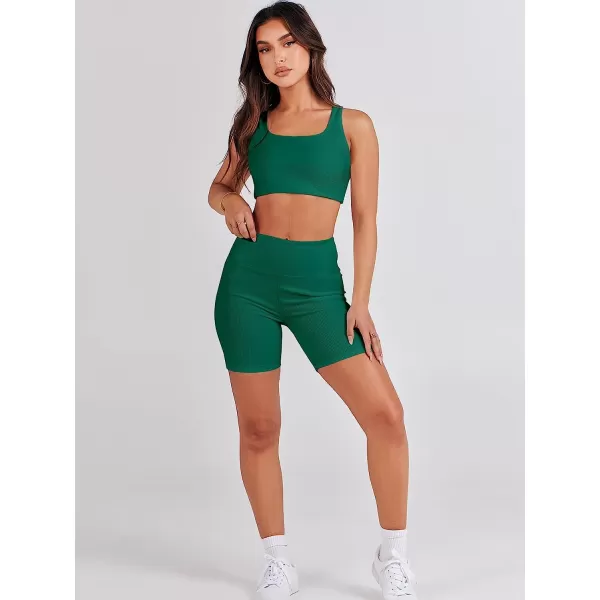 imageANRABESS Womens 2 Pieces Outfit Bodysuit Set Workout Sleeveless Crop Top Bodycon Yoga Leggings Gym Clothes Set TracksuitDeep Green