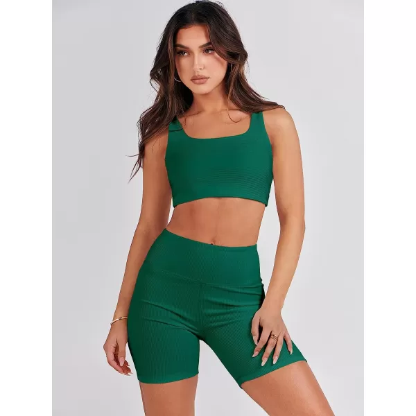 imageANRABESS Womens 2 Pieces Outfit Bodysuit Set Workout Sleeveless Crop Top Bodycon Yoga Leggings Gym Clothes Set TracksuitDeep Green