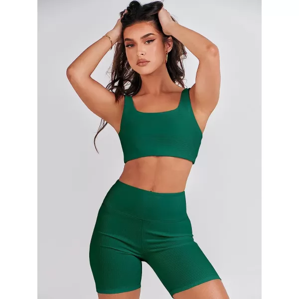 imageANRABESS Womens 2 Pieces Outfit Bodysuit Set Workout Sleeveless Crop Top Bodycon Yoga Leggings Gym Clothes Set TracksuitDeep Green
