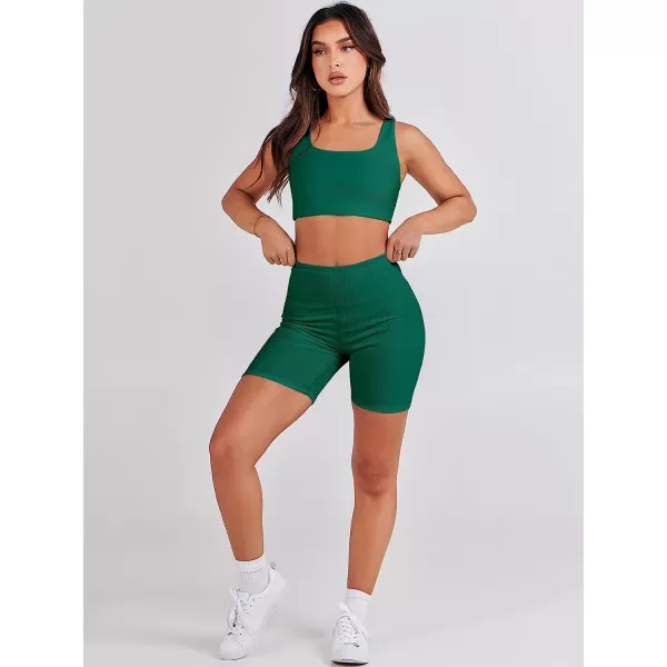 imageANRABESS Womens 2 Pieces Outfit Bodysuit Set Workout Sleeveless Crop Top Bodycon Yoga Leggings Gym Clothes Set TracksuitDeep Green