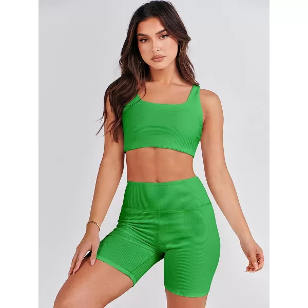 imageANRABESS Womens 2 Pieces Outfit Bodysuit Set Workout Sleeveless Crop Top Bodycon Yoga Leggings Gym Clothes Set TracksuitGreen