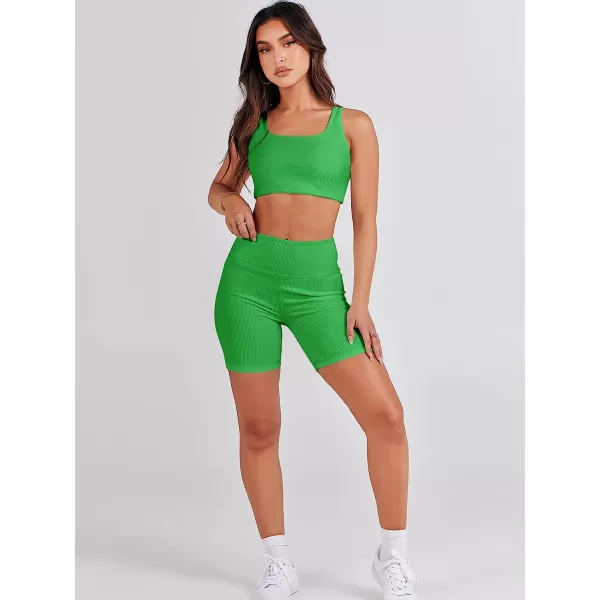 imageANRABESS Womens 2 Pieces Outfit Bodysuit Set Workout Sleeveless Crop Top Bodycon Yoga Leggings Gym Clothes Set TracksuitGreen