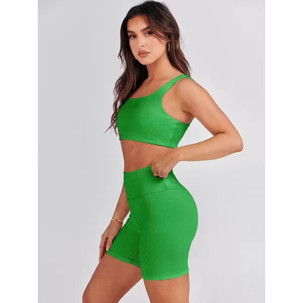imageANRABESS Womens 2 Pieces Outfit Bodysuit Set Workout Sleeveless Crop Top Bodycon Yoga Leggings Gym Clothes Set TracksuitGreen