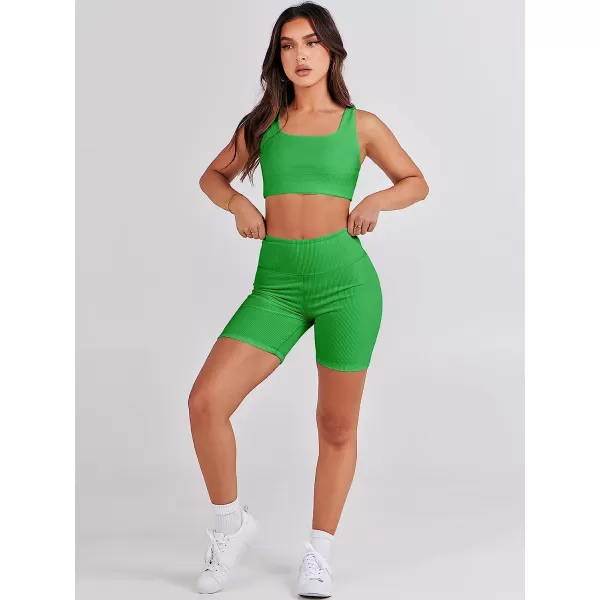 imageANRABESS Womens 2 Pieces Outfit Bodysuit Set Workout Sleeveless Crop Top Bodycon Yoga Leggings Gym Clothes Set TracksuitGreen