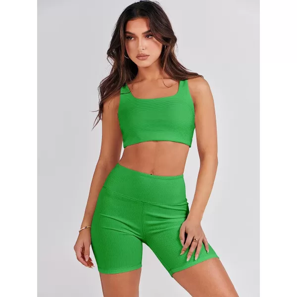 imageANRABESS Womens 2 Pieces Outfit Bodysuit Set Workout Sleeveless Crop Top Bodycon Yoga Leggings Gym Clothes Set TracksuitGreen