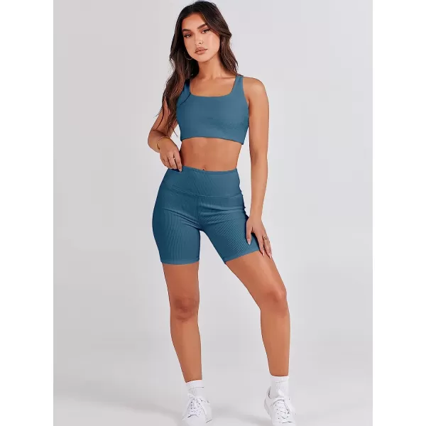imageANRABESS Womens 2 Pieces Outfit Bodysuit Set Workout Sleeveless Crop Top Bodycon Yoga Leggings Gym Clothes Set TracksuitLake
