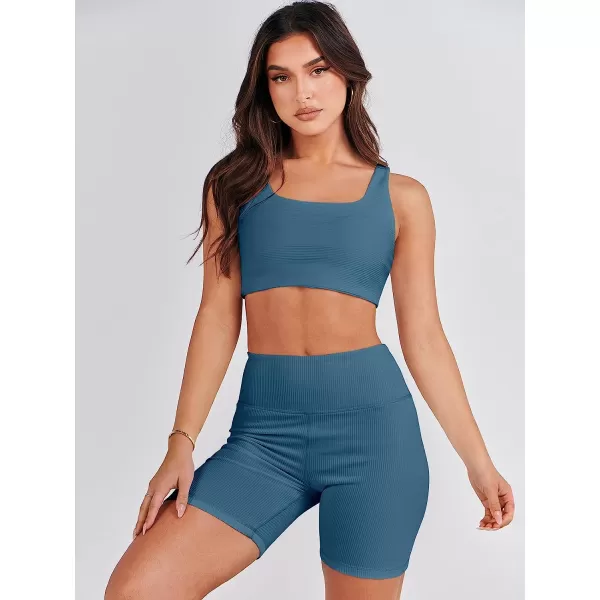 imageANRABESS Womens 2 Pieces Outfit Bodysuit Set Workout Sleeveless Crop Top Bodycon Yoga Leggings Gym Clothes Set TracksuitLake