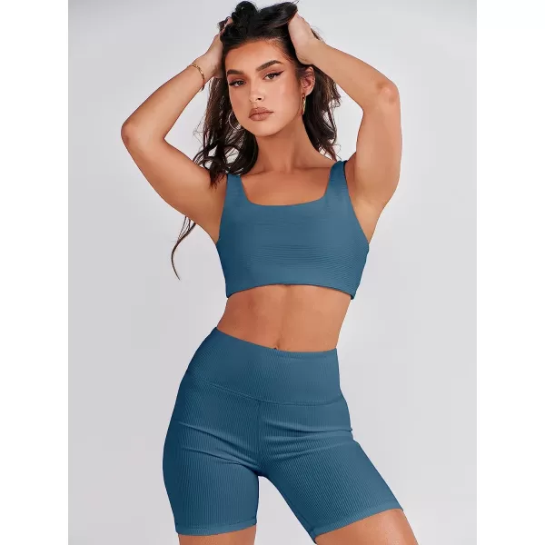 imageANRABESS Womens 2 Pieces Outfit Bodysuit Set Workout Sleeveless Crop Top Bodycon Yoga Leggings Gym Clothes Set TracksuitLake