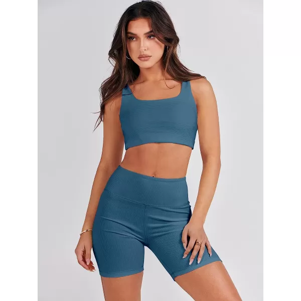 imageANRABESS Womens 2 Pieces Outfit Bodysuit Set Workout Sleeveless Crop Top Bodycon Yoga Leggings Gym Clothes Set TracksuitLake