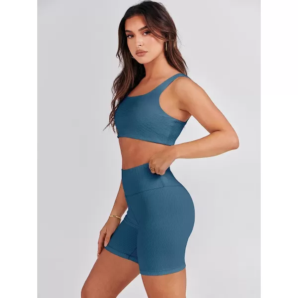 imageANRABESS Womens 2 Pieces Outfit Bodysuit Set Workout Sleeveless Crop Top Bodycon Yoga Leggings Gym Clothes Set TracksuitLake