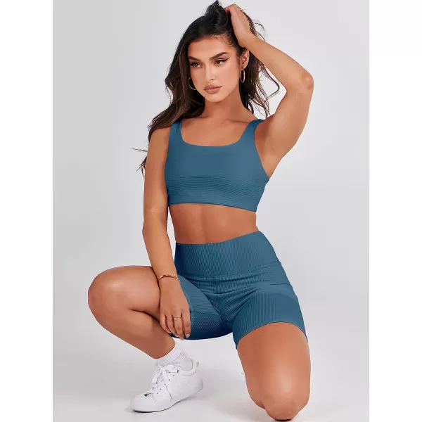 imageANRABESS Womens 2 Pieces Outfit Bodysuit Set Workout Sleeveless Crop Top Bodycon Yoga Leggings Gym Clothes Set TracksuitLake