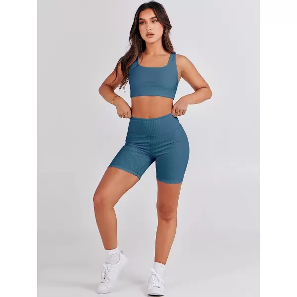 imageANRABESS Womens 2 Pieces Outfit Bodysuit Set Workout Sleeveless Crop Top Bodycon Yoga Leggings Gym Clothes Set TracksuitLake