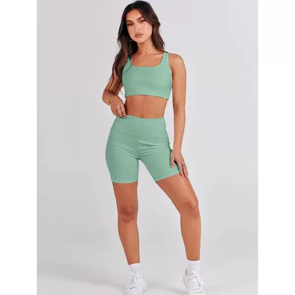 imageANRABESS Womens 2 Pieces Outfit Bodysuit Set Workout Sleeveless Crop Top Bodycon Yoga Leggings Gym Clothes Set TracksuitLight Green