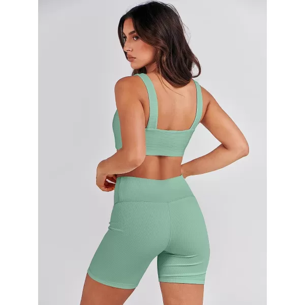 imageANRABESS Womens 2 Pieces Outfit Bodysuit Set Workout Sleeveless Crop Top Bodycon Yoga Leggings Gym Clothes Set TracksuitLight Green