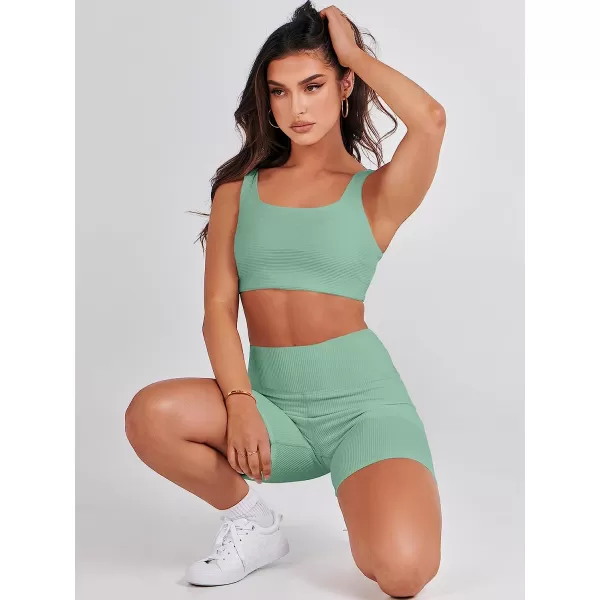 imageANRABESS Womens 2 Pieces Outfit Bodysuit Set Workout Sleeveless Crop Top Bodycon Yoga Leggings Gym Clothes Set TracksuitLight Green